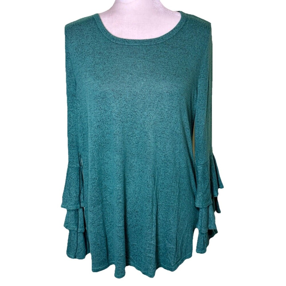 Women’s Green Tiered Ruffle Sleeves Knit Top Soft Cozy Comfy Flowy Cottagecore M